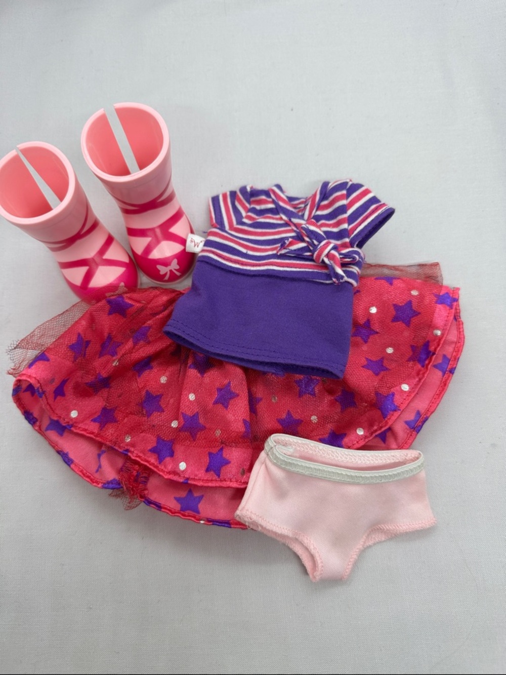 American Girl Wellie Wisher Pink and Purple Star Skirt Outfit with Pink Boots